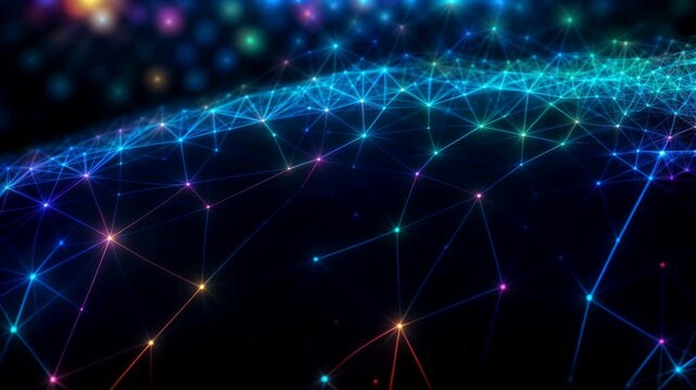 abstract digital backdrop with dynamic moving neon dots and lines. communication neural network concept for technological processes, AI, digital graphic storages. looped animation. seamless footage.