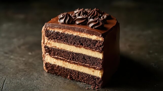 A luxurious slice of opera cake with layers of chocolate and coffee, set against a deep, shadowy backdrop