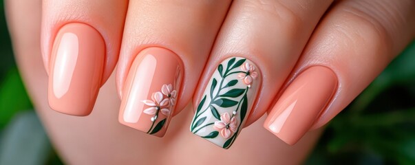 A detailed close-up of nails with delicate floral designs, set against a garden backdrop with soft sunlight filtering through, Natural and Fresh, Photography
