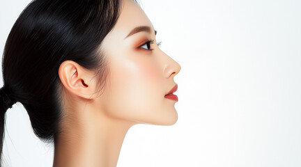 Fototapeta premium photo of side profile portrait of an Asian woman, seamless white background, high contrast