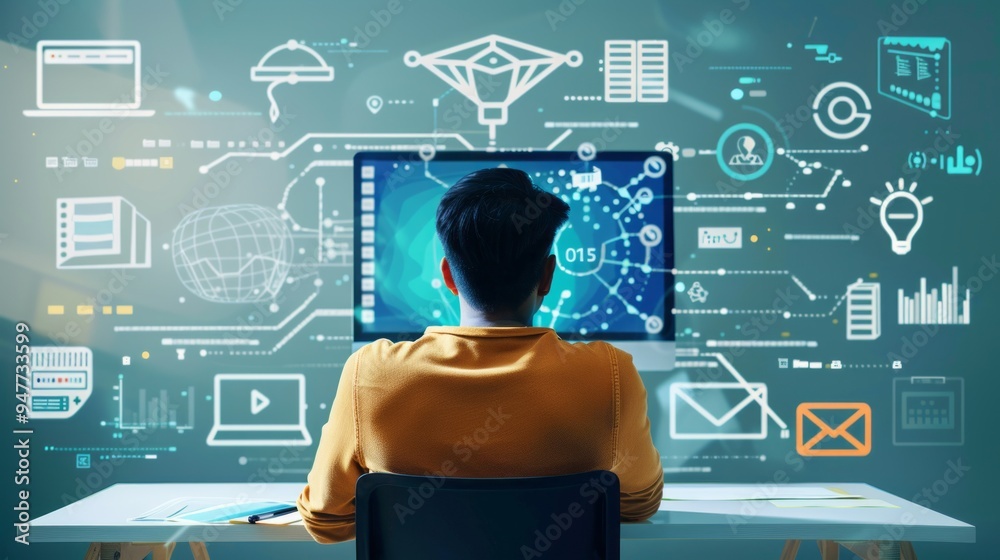 Poster A man is sitting in front of a computer monitor with a lot of icons