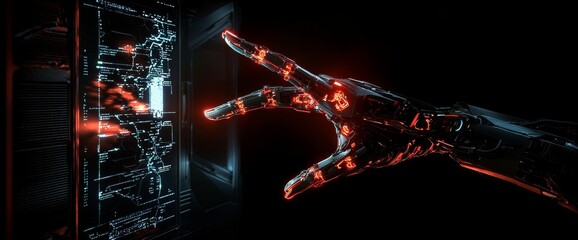 Fototapeta premium The Digital Hologram of a Hand has a dark background with copy space and is connected by a neural network. The Hologram is in communication with stock. The Hologram was created with Stock.