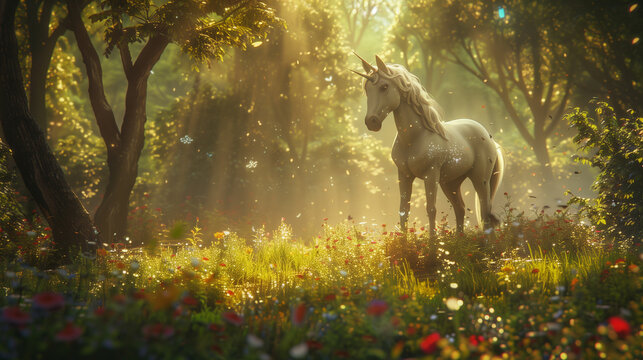 Majestic unicorn in a sun-dappled forest
