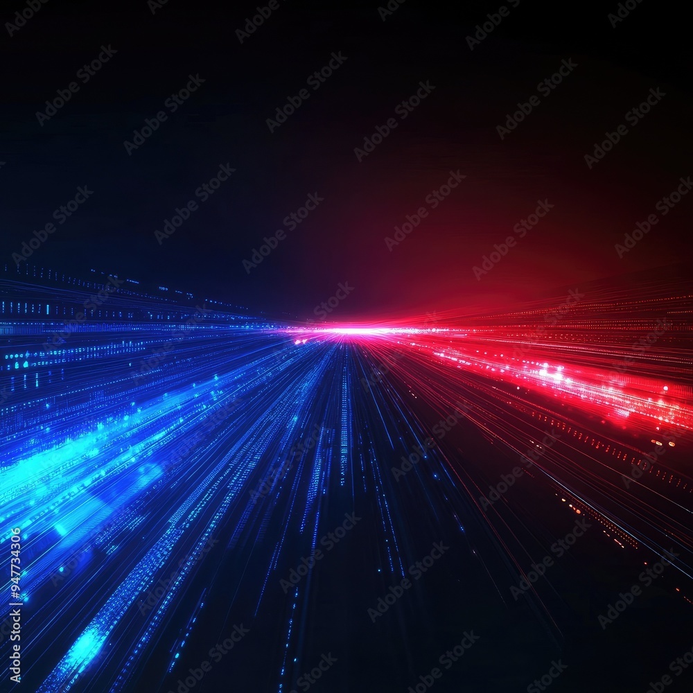 Wall mural dynamic light streaks in blue and red creating a vivid, futuristic visual effect, ideal for technolo