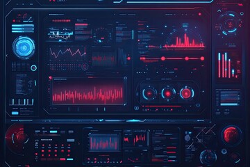 Futuristic digital dashboard displaying graphs, charts, and metrics in a sleek design, ideal for tech and data visualization.