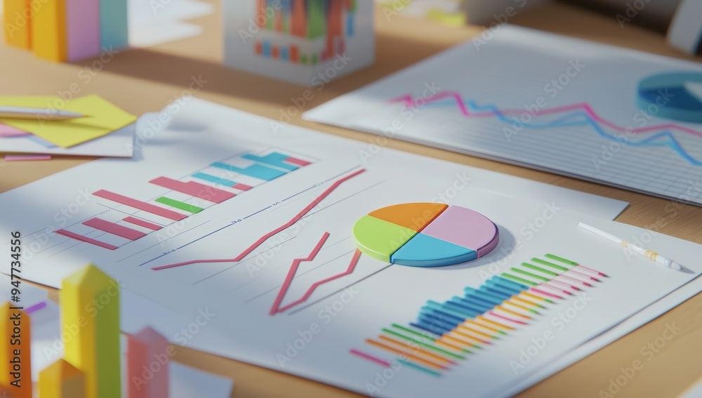 Aufkleber The concept of business reports is represented by graphs and charts. The image is generated by computer vision with AI