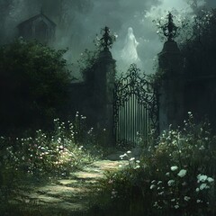 Ethereal Gothic Garden with Floating Ethereal Figure Amongst Blossoms and Wrought Iron Gates