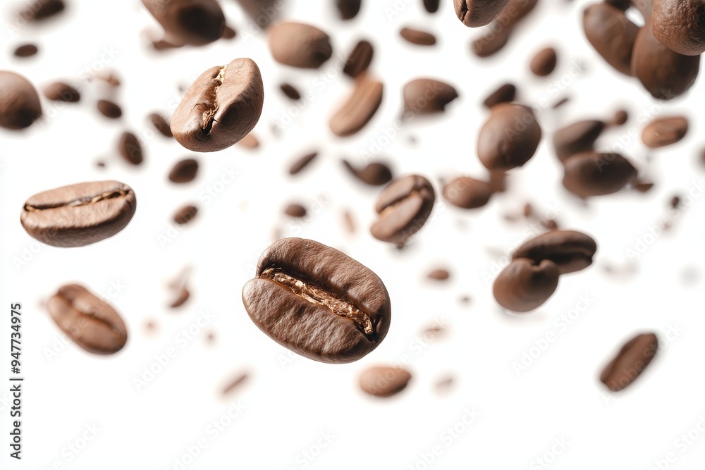 Poster a png background with a flying coffee bean isolated on top of it. stock image.