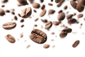 A png background with a flying coffee bean isolated on top of it. Stock image.