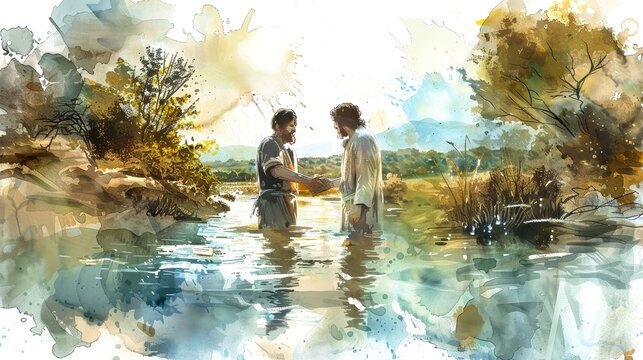 John baptizes Jesus in the flowing waters of the Jordan River, a moment of spiritual significance and connection to nature's serene beauty