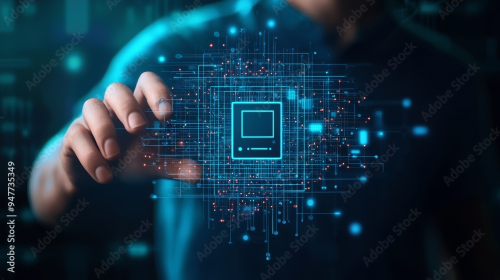 Poster businessman hand finger touching with electronic pcb circuit icon symbol on cyberpunk neon cyberspac
