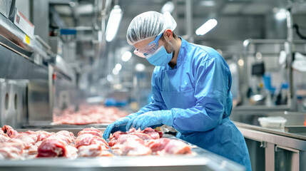 A dedicated worker in blue gear skillfully prepares chicken meat on a busy processing line, showcasing the raw intricacies of food production