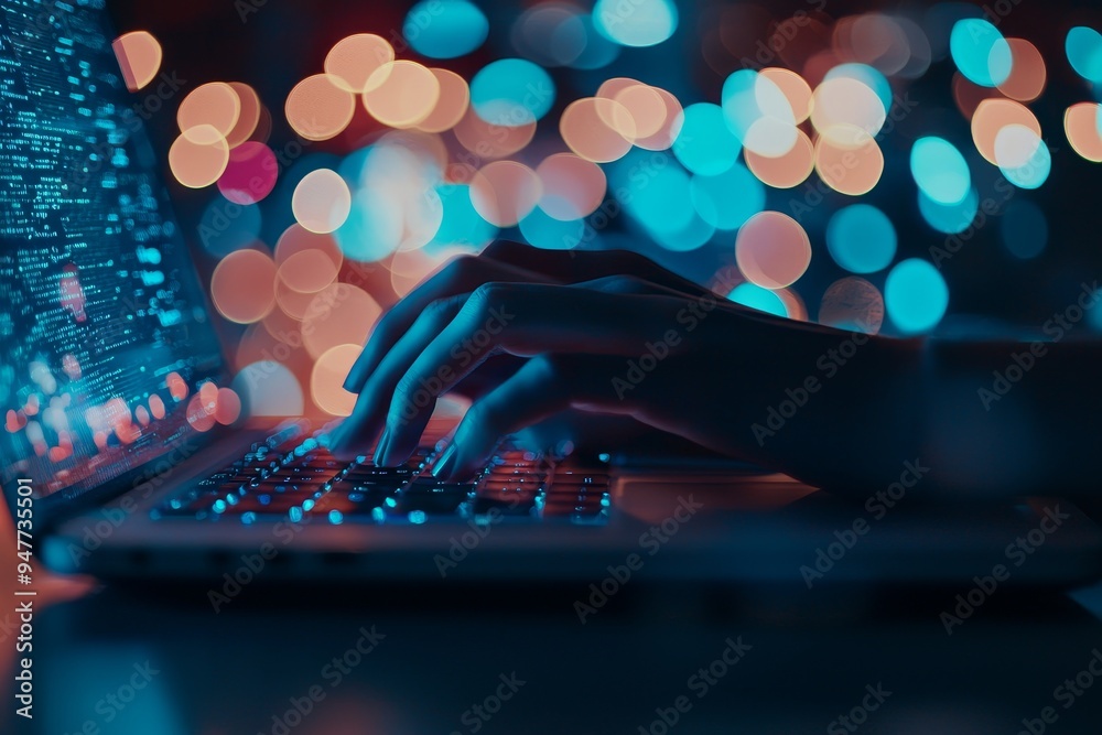 Poster the hands of a male are typing on a laptop keyboard, a man works, develops his business, studies, or