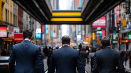 Obraz premium A streetlevel perspective of business people walking under an elevated train track, the sound of trains overhead blending with the noise of the city