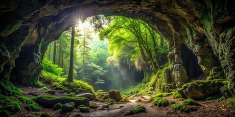 A mysterious cave hidden deep within a dense forest , cave, forest, exploration, adventure, darkness, mysterious