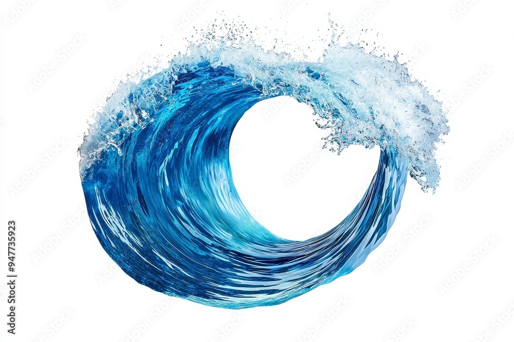 Aufkleber in the form of a wave, liquid flowing in blue water swirl splash on clear png background with genera