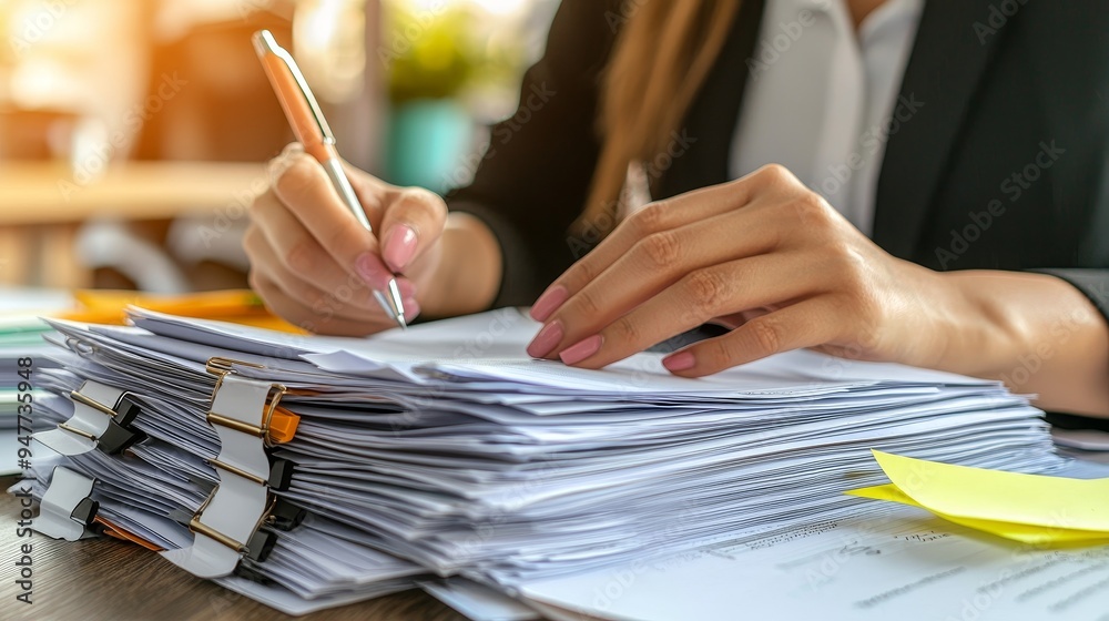 Aufkleber An office worker searching information with stacks of paper files on the desk for a business report. Created using Stock technology.