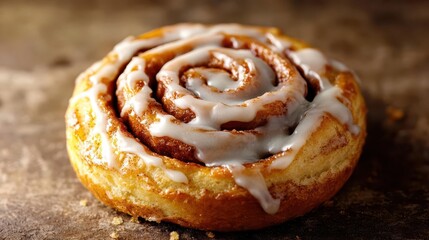 Fototapeta premium A warm cinnamon roll with gooey icing, glowing softly against a deep, rustic background