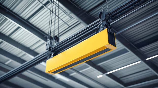 A yellow lifting block hangs from black rails, suspended under a grey steel roof structure in a spacious, modern industrial hangar