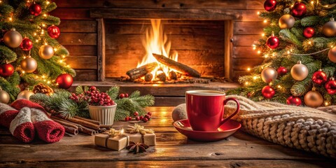 Cozy Christmas spirit at the snowy cabin with warm fireplace, festive decorations, and hot cocoa, Christmas, spirit, snowy