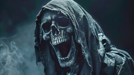 A terrifying reaper in a dark cloak screams, revealing its skull face, perfectly capturing the essence of Halloween night