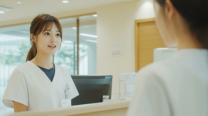 Obraz premium A young female patient standing at a hospital reception desk in Japan, speaking with a nurse who is scheduling an appointment on a computer; the scene captures traditional Japanese decor elements
