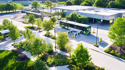  an aerial view of an eco-friendly bus depot, showcasing electric buses, charging infrastructure, and surrounding green spaces