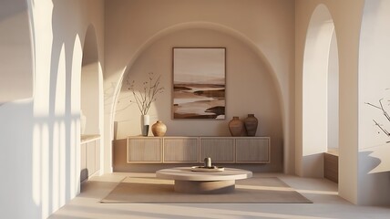 Sofa against fireplace in room with arch window and ceiling. Mediterranean interior design of modern living room.