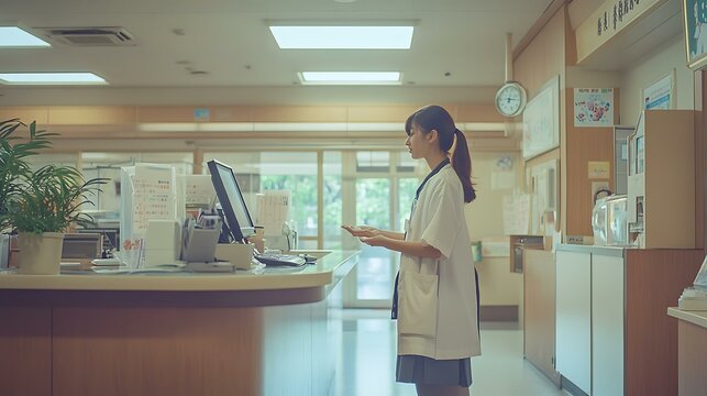 A young female patient standing at a hospital reception desk in Japan, speaking with a nurse who is scheduling an appointment on a computer; the scene captures traditional Japanese decor elements