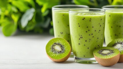 Kiwi smoothie, glass, green shades close up, focus on, copy space Cool and refreshing colors Double exposure silhouette with kiwi