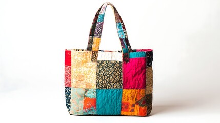 Vibrant Patchwork Tote Bag on White Background with Artistic Design for Eco-Friendly Fashion