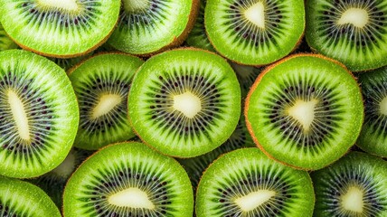 Sliced kiwi, vibrant green, seeds close up, focus on, copy space Bright and fresh tones Double exposure silhouette with kiwi