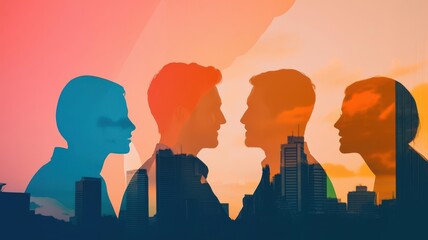 Team meeting, brainstorming, whiteboard close up, focus on, copy space Vibrant and collaborative hues Double exposure silhouette with working