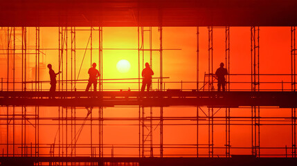 A group of construction workers is silhouetted while constructing a steel frame, set against a striking red and yellow sunset backdrop