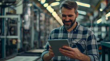 Man in checkered shirt using tablet in a modern warehouse during daytime