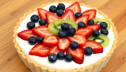 Delicious Strawberry  Blueberry  and Kiwi Tart on Wooden Background