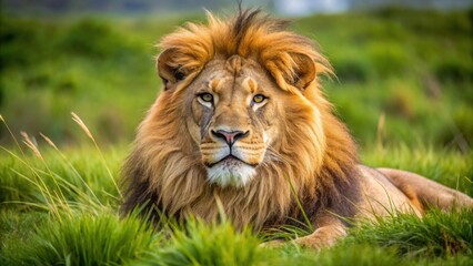 Close-up photo of a majestic lion resting in the grass , wildlife, animal, lion, carnivore, nature, safari, African, mammal