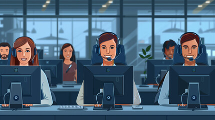 A diverse group of customer service representatives working together in a modern office during the day