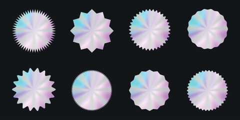 Holographic stickers set for discount, tags, label, emblem, sale. Hologram Pack gradient shapes for 100 % original, high quality product. Isolated Vector illustration.