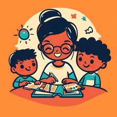 Fototapeta premium A group of children enjoying reading books together