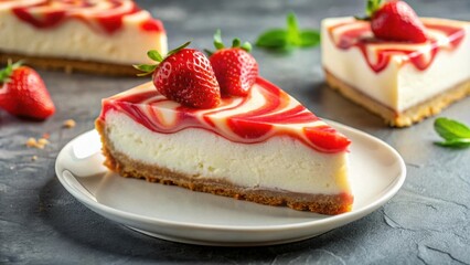 Delicious slice of strawberry cheesecake with a perfect swirl of topping, strawberry, cheesecake, dessert, slice, sweet, bakery