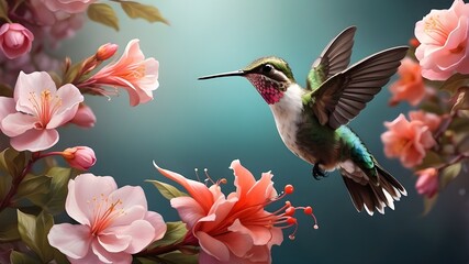 Naklejka premium Hummingbird soaring to collect nectar from exquisite blossom. 