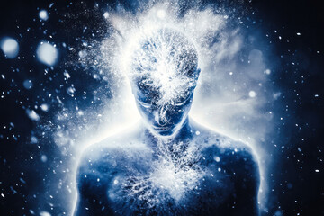 Celestial being radiating light against starry backdrop