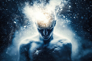 Figure's head with bright explosion of particles.