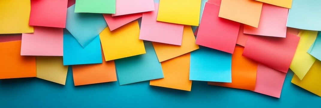 An artistic and colorful collection of sticky notes, arranged on a bright and vibrant background
