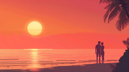 Fototapeta premium Couple watching the sunset together on a tranquil beach with palm trees in the background during a warm evening