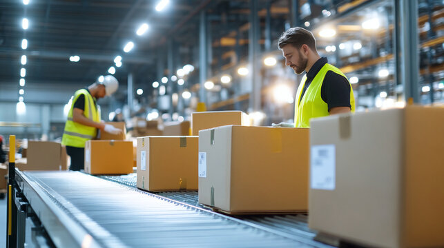 workers in safety vests efficiently packing and labeling boxes on a modern assembly line in a brightly lit warehouse