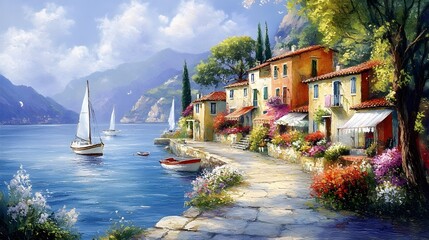 Serene coastal village scene, vibrant houses lining the shore, soft watercolor hues, blooming gardens, and boats gently swaying in the tranquil harbor