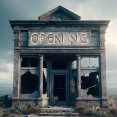 Obraz premium An old, dilapidated building with a faded 'opening' sign, symbolizing the end of a business
