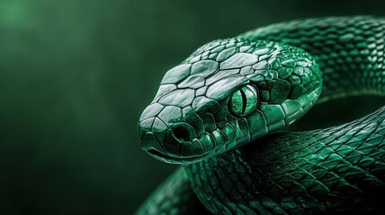 Fototapeta premium Intricately carved green snake with bright emerald eyes, symbolizing 2025.